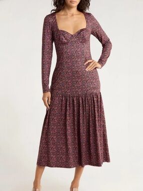HUTCH Long-Sleeve Floral Sweetheart Midi Dress - Burgundy Pink size L Large NWOT